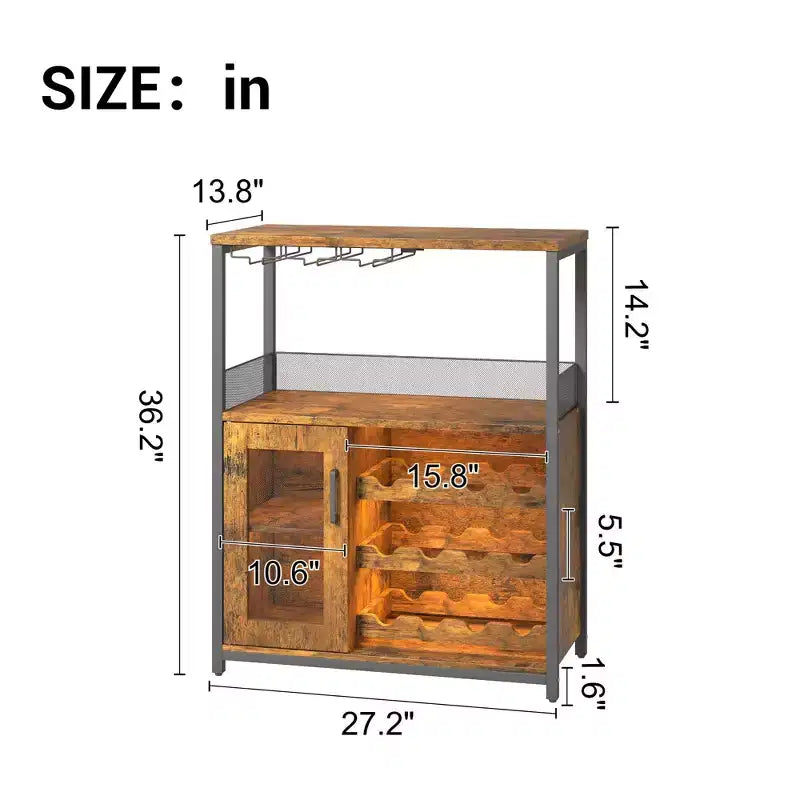 Armario bar para vinos estilo granja con luces, botellero desmontable y espacio de almacenamiento; aparador de cocina con soporte para copas y puertas