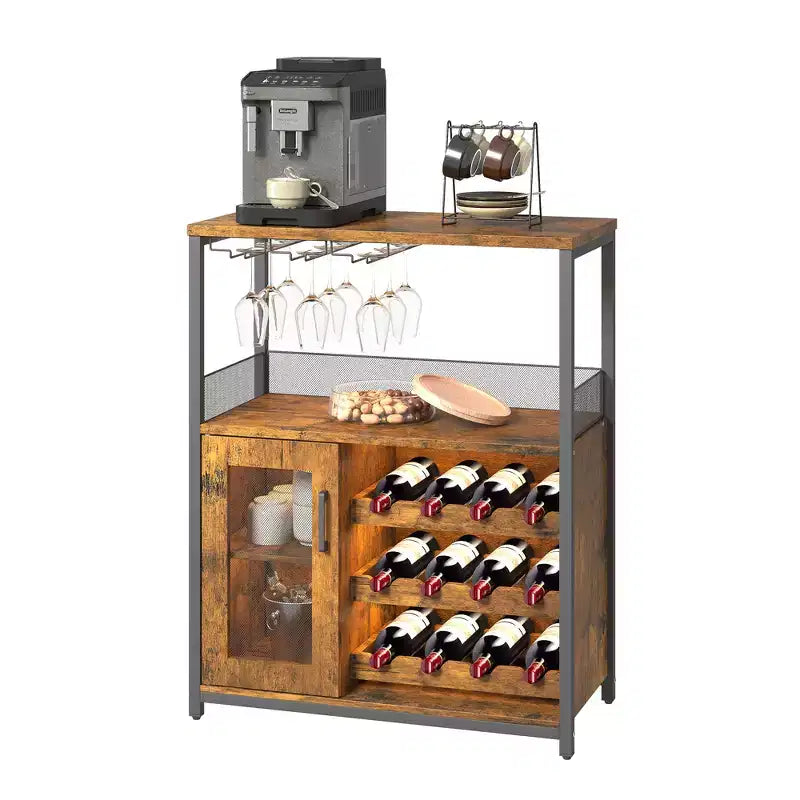 Armario bar para vinos estilo granja con luces, botellero desmontable y espacio de almacenamiento; aparador de cocina con soporte para copas y puertas
