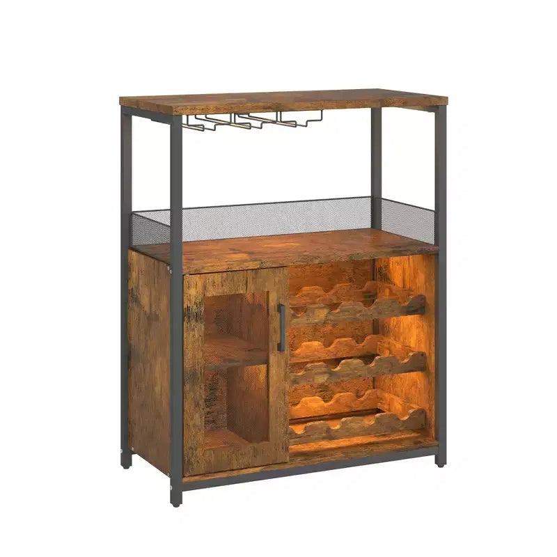 Armario bar para vinos estilo granja con luces, botellero desmontable y espacio de almacenamiento; aparador de cocina con soporte para copas y puertas