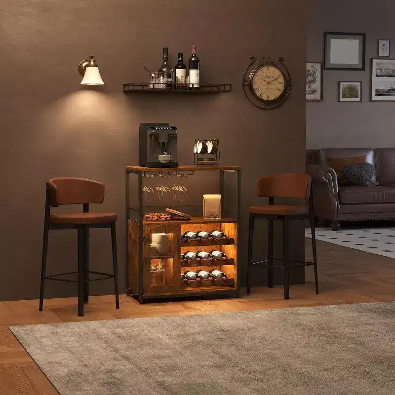 Armario bar para vinos estilo granja con luces, botellero desmontable y espacio de almacenamiento; aparador de cocina con soporte para copas y puertas