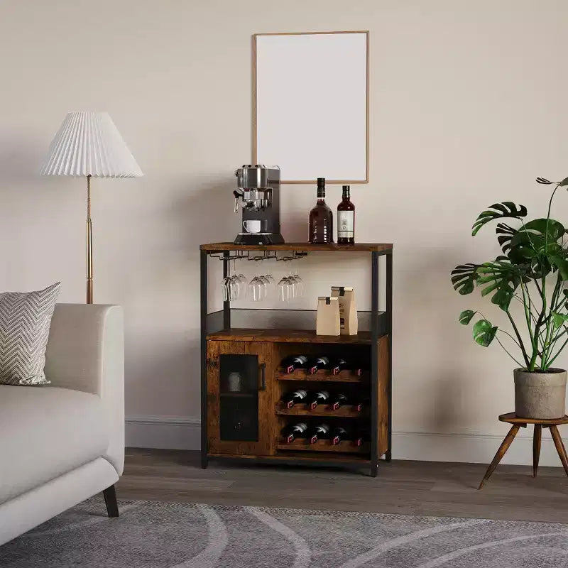 Armario bar para vinos estilo granja con luces, botellero desmontable y espacio de almacenamiento; aparador de cocina con soporte para copas y puertas