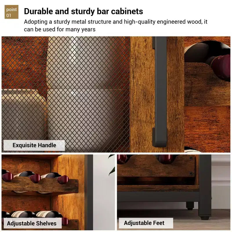 Armario bar para vinos estilo granja con luces, botellero desmontable y espacio de almacenamiento; aparador de cocina con soporte para copas y puertas