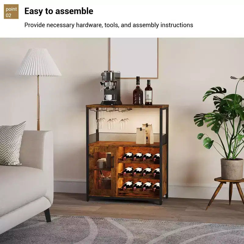 Armario bar para vinos estilo granja con luces, botellero desmontable y espacio de almacenamiento; aparador de cocina con soporte para copas y puertas
