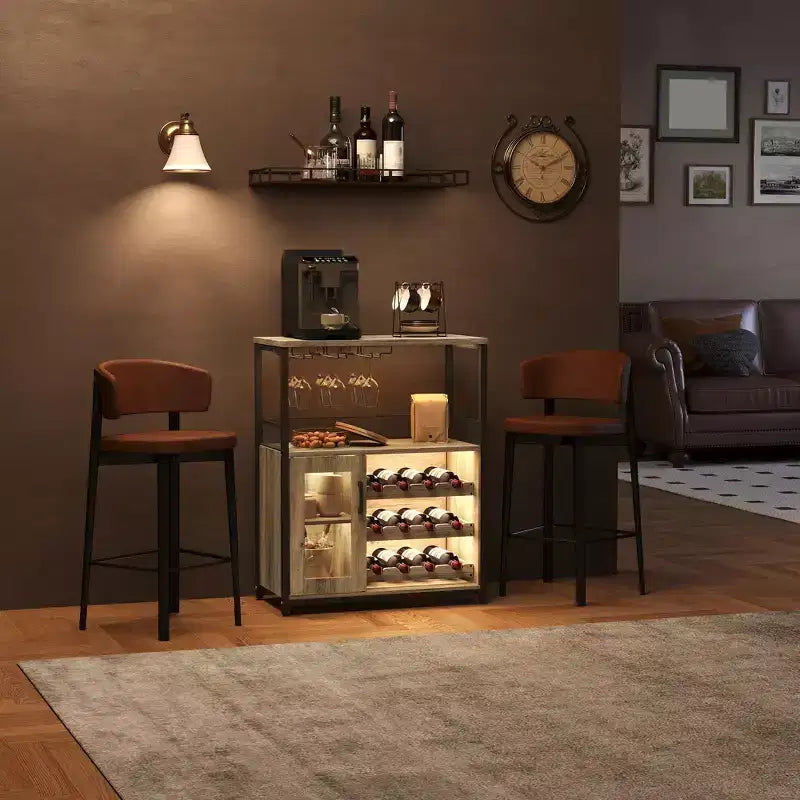 Armario bar para vinos estilo granja con luces, botellero desmontable y espacio de almacenamiento; aparador de cocina con soporte para copas y puertas