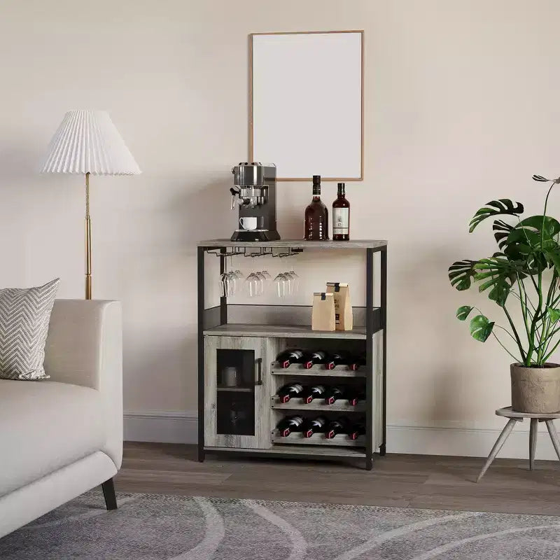 Armario bar para vinos estilo granja con luces, botellero desmontable y espacio de almacenamiento; aparador de cocina con soporte para copas y puertas