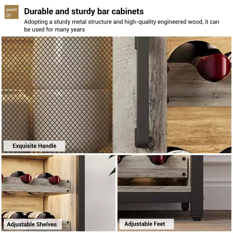 Armario bar para vinos estilo granja con luces, botellero desmontable y espacio de almacenamiento; aparador de cocina con soporte para copas y puertas