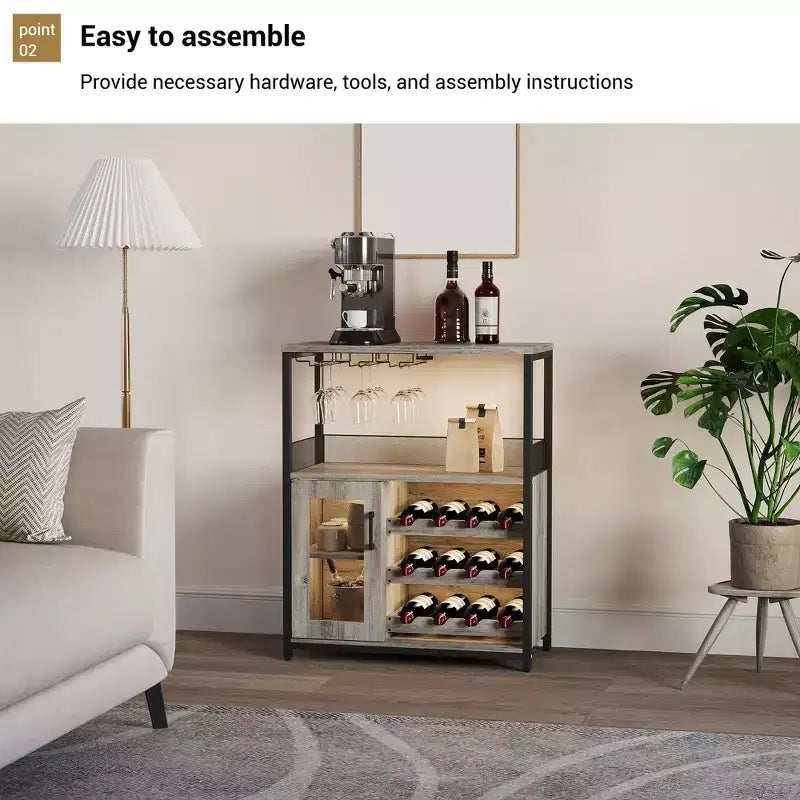 Armario bar para vinos estilo granja con luces, botellero desmontable y espacio de almacenamiento; aparador de cocina con soporte para copas y puertas