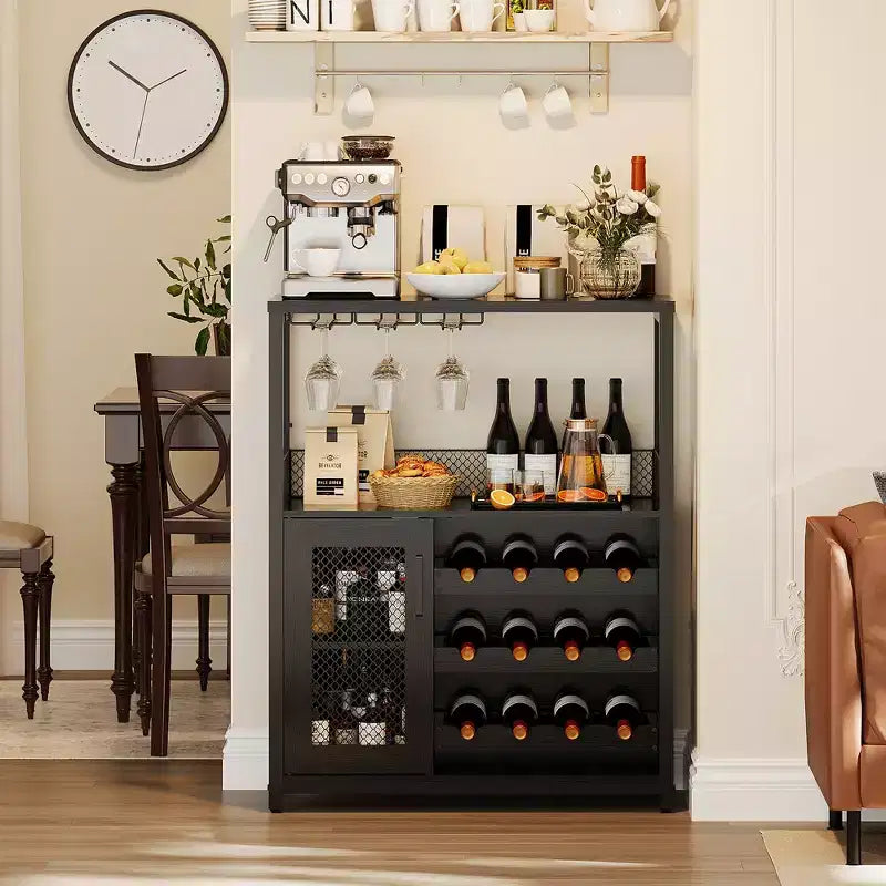Armario bar para vinos estilo granja con luces, botellero desmontable y espacio de almacenamiento; aparador de cocina con soporte para copas y puertas