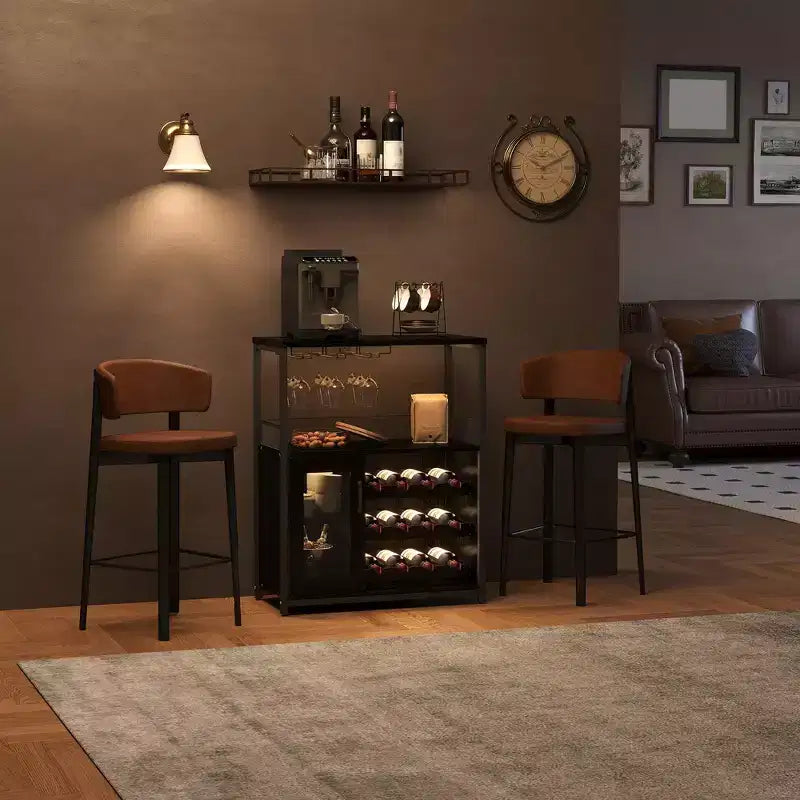 Armario bar para vinos estilo granja con luces, botellero desmontable y espacio de almacenamiento; aparador de cocina con soporte para copas y puertas