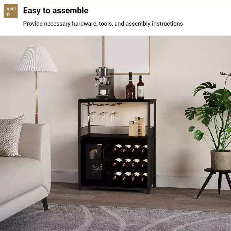 Armario bar para vinos estilo granja con luces, botellero desmontable y espacio de almacenamiento; aparador de cocina con soporte para copas y puertas