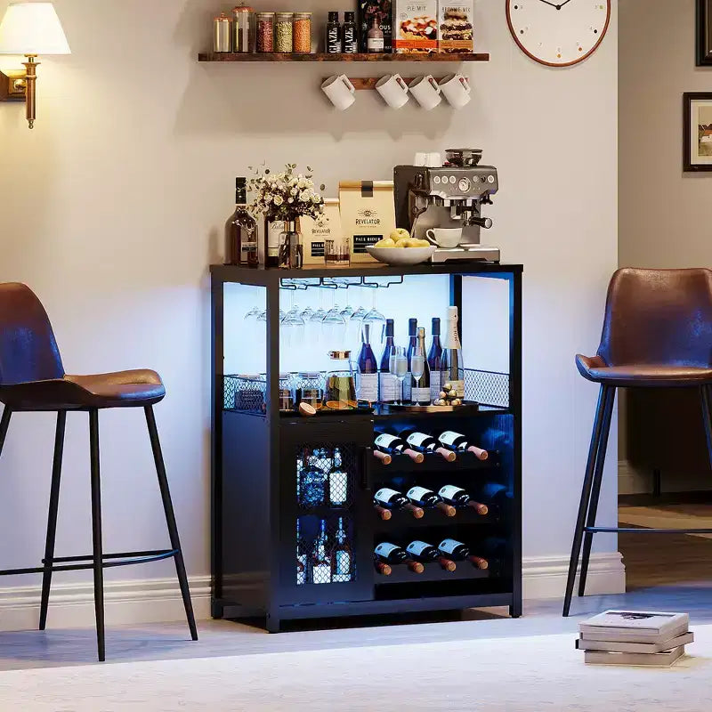 Farmhouse Wine Bar Cabinet With Lights Detachable Wine Rack and Storage Cabinet Kitchen Buffet Cabinet With Glass Holder and Door Buffet Sideboard