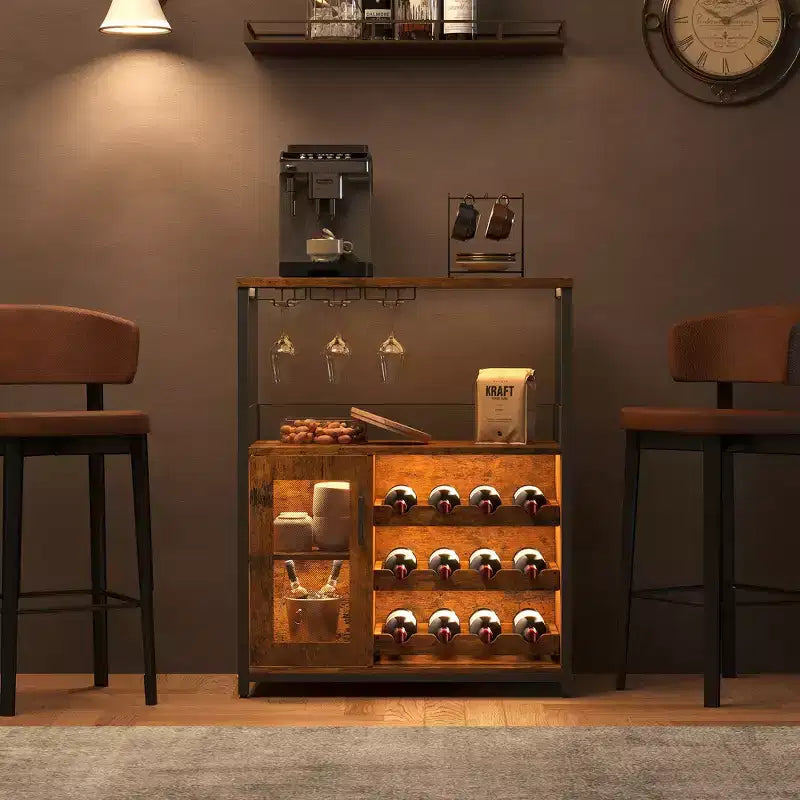 Armario bar para vinos estilo granja con luces, botellero desmontable y espacio de almacenamiento; aparador de cocina con soporte para copas y puertas