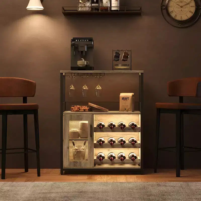 Weinschrank im Landhausstil mit Beleuchtung, abnehmbarem Weinregal und Stauraum, Küchenbuffetschrank mit Glashalter und Türen, Sideboard