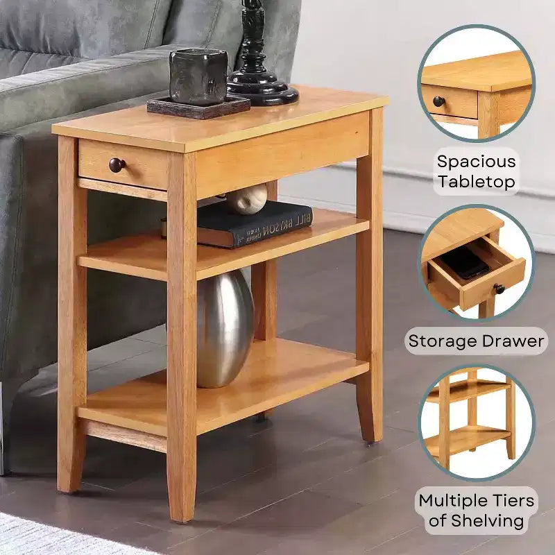 Mesa auxiliar con cajón y varios estantes, mesa lateral elegante de estilo transicional para guardar objetos, revistas y exhibir adornos