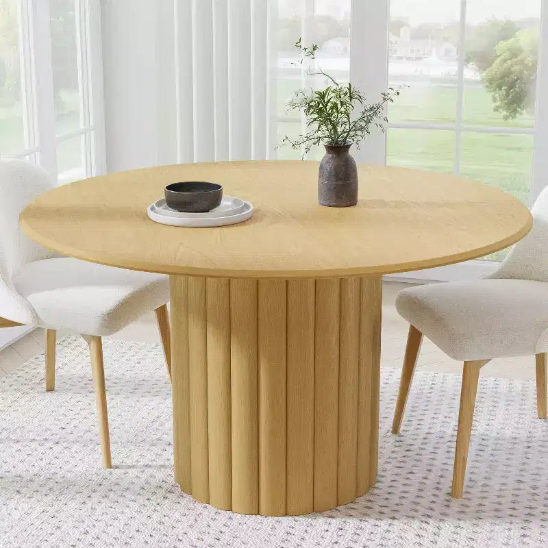 Table de salle à manger ronde en bois de 52 pour 4-6 personnes, avec plateau à bord incurvé et piètement texturé, pour salon, salle à manger ou bureau, naturelle