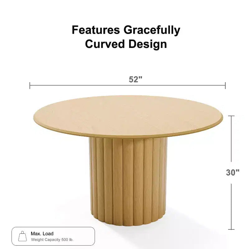 Table de salle à manger ronde en bois de 52 pour 4-6 personnes, avec plateau à bord incurvé et piètement texturé, pour salon, salle à manger ou bureau, naturelle