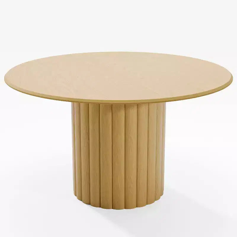 Mesa de comedor redonda de madera de 52 para 4-6 personas, con borde superior en forma de arco y pedestal texturizado, para sala de estar, comedor u oficina, natural