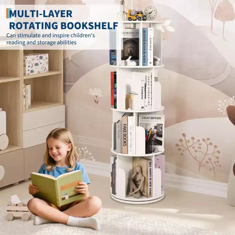 Librería giratoria de 4 niveles, estantería de madera giratoria 360, expositor de pie, organizador estrecho para dormitorio o sala de estar
