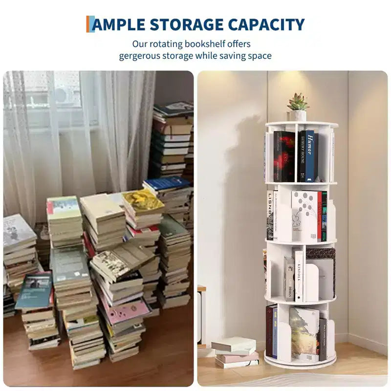 Librería giratoria de 4 niveles, estantería de madera giratoria 360, expositor de pie, organizador estrecho para dormitorio o sala de estar