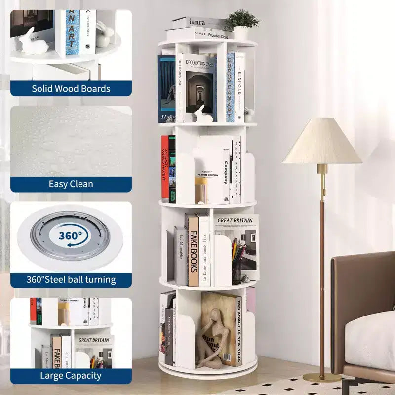 Librería giratoria de 4 niveles, estantería de madera giratoria 360, expositor de pie, organizador estrecho para dormitorio o sala de estar