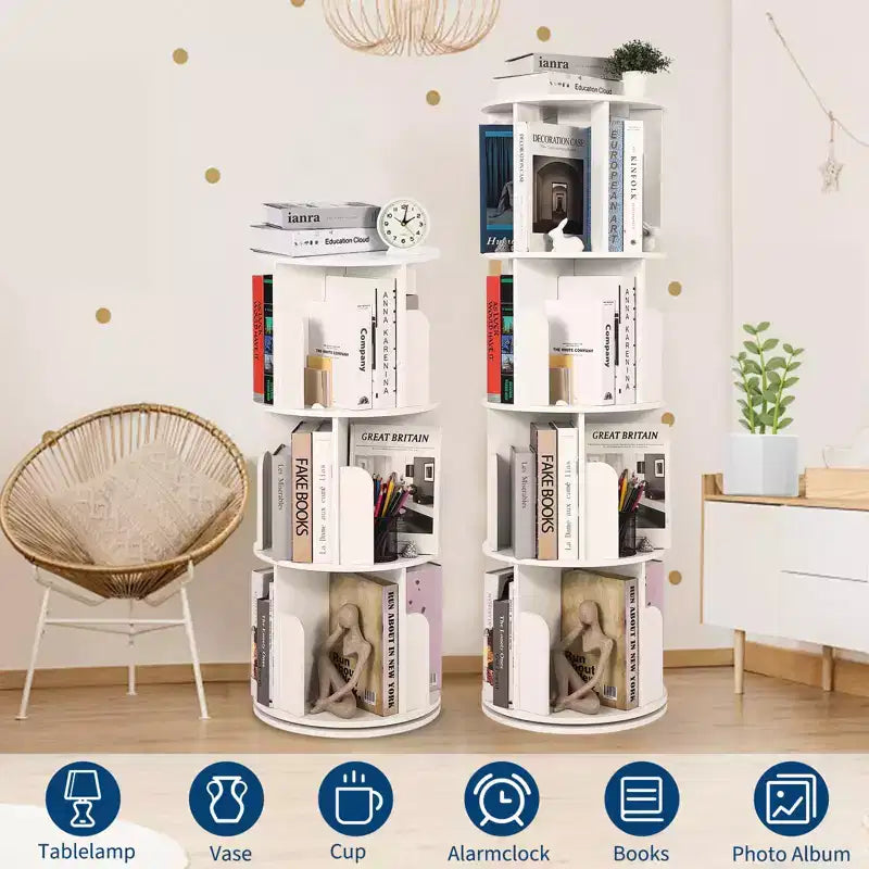 Librería giratoria de 4 niveles, estantería de madera giratoria 360, expositor de pie, organizador estrecho para dormitorio o sala de estar