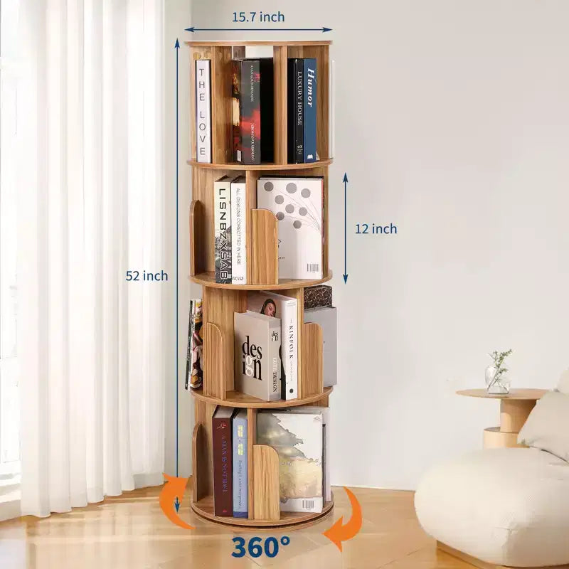 Drehbares Bücherregal mit 4 Ebenen, hölzernes 360-Grad-Drehregal, freistehendes Präsentationsregal, schmales Bücherregal für Schlafzimmer und Wohnzimmer