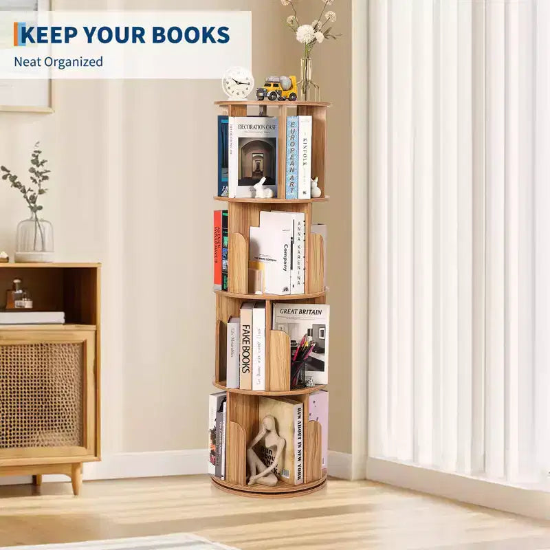 Librería giratoria de 4 niveles, estantería de madera giratoria 360, expositor de pie, organizador estrecho para dormitorio o sala de estar