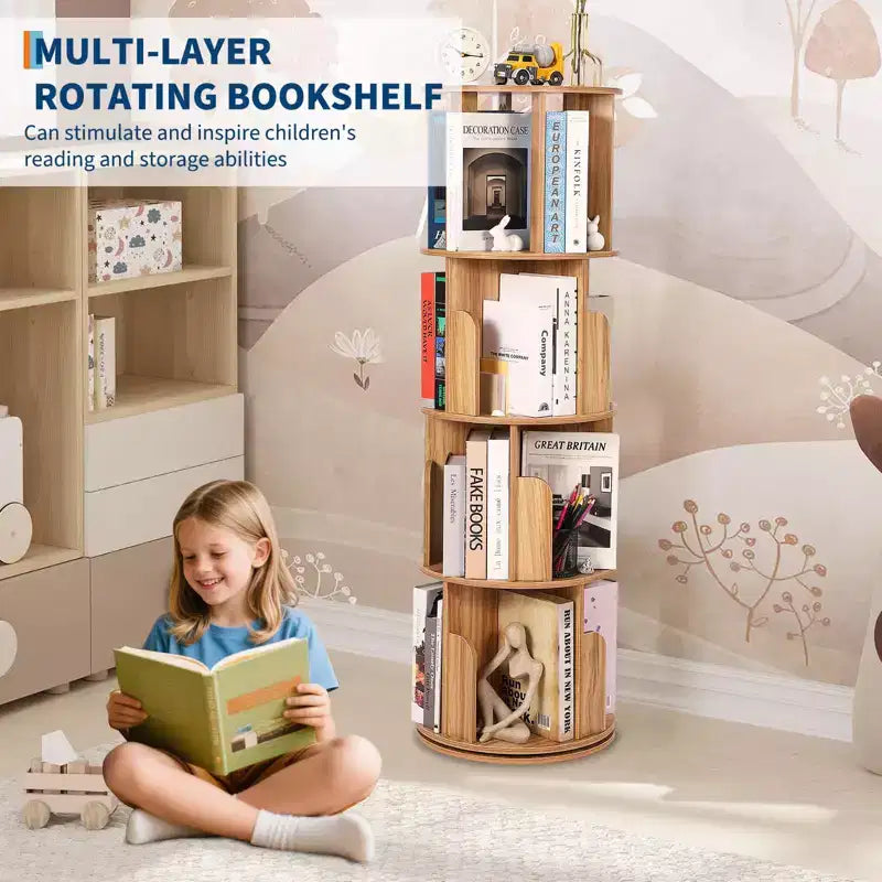 Librería giratoria de 4 niveles, estantería de madera giratoria 360, expositor de pie, organizador estrecho para dormitorio o sala de estar