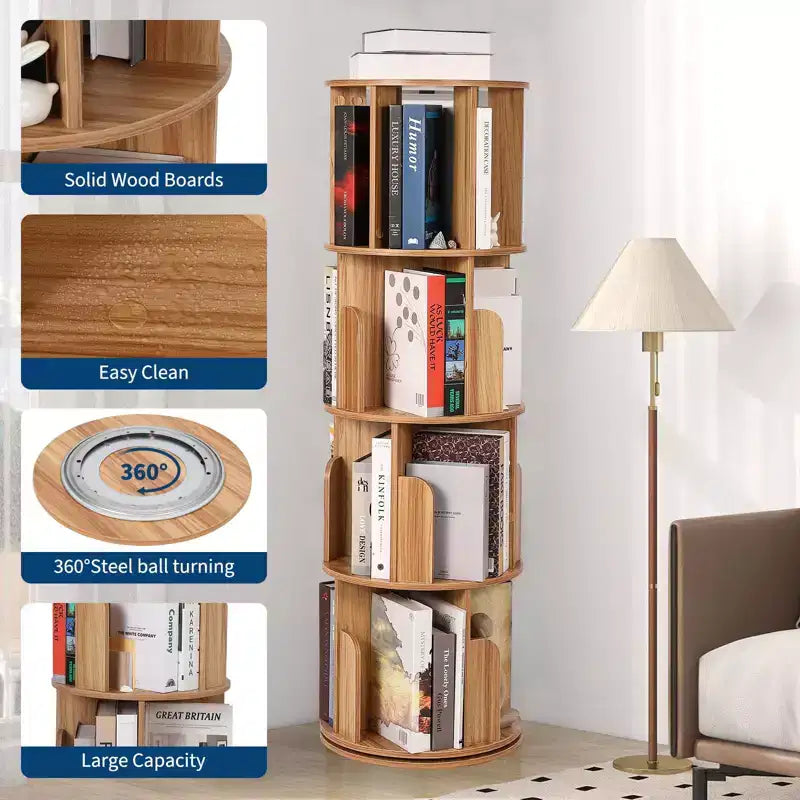 Librería giratoria de 4 niveles, estantería de madera giratoria 360, expositor de pie, organizador estrecho para dormitorio o sala de estar