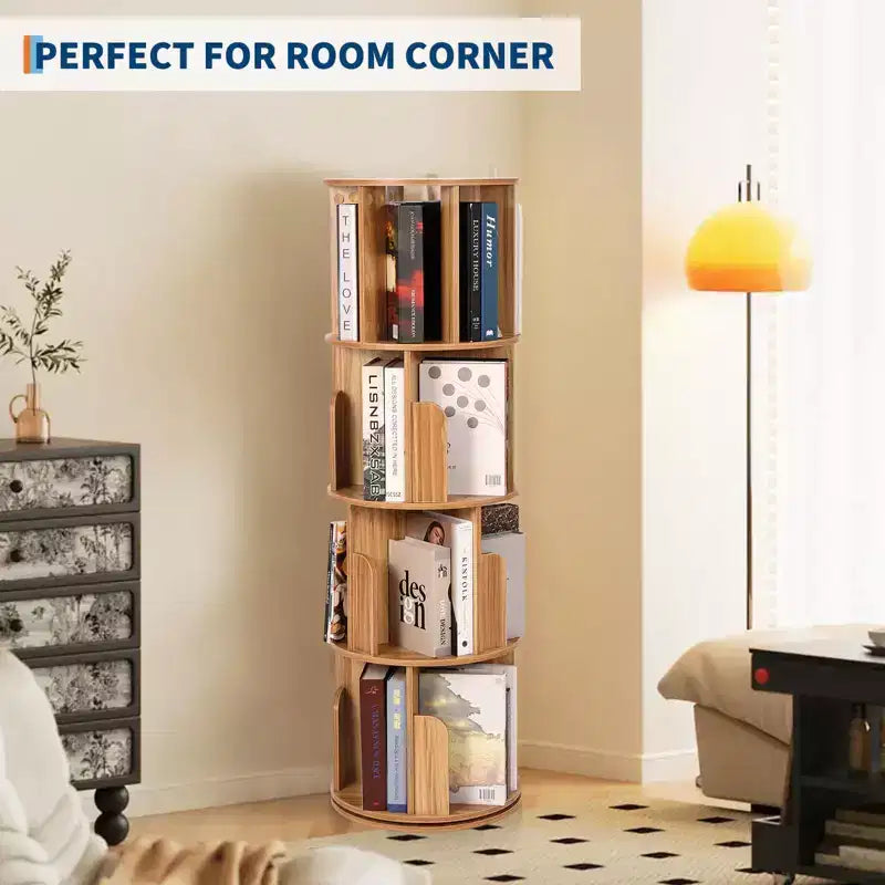 Librería giratoria de 4 niveles, estantería de madera giratoria 360, expositor de pie, organizador estrecho para dormitorio o sala de estar