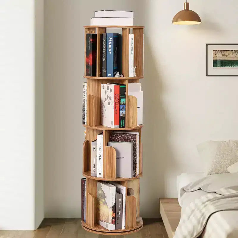 4 Tier Rotating Bookshelf Tower, Wooden 360Revolving Bookcase, Floor Standing Display Rack, Narrow Bookshelf Organizer for Bedroom Living Room