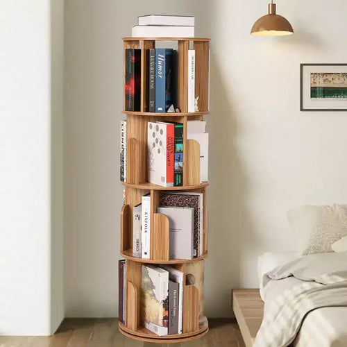 4 Tier Rotating Bookshelf Tower, Wooden 360Revolving Bookcase, Floor Standing Display Rack, Narrow Bookshelf Organizer for Bedroom Living Room
