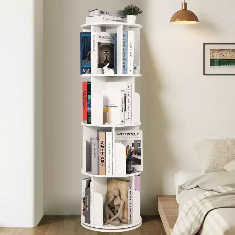 Drehbares Bücherregal mit 4 Ebenen, hölzernes 360-Grad-Drehregal, freistehendes Präsentationsregal, schmales Bücherregal für Schlafzimmer und Wohnzimmer