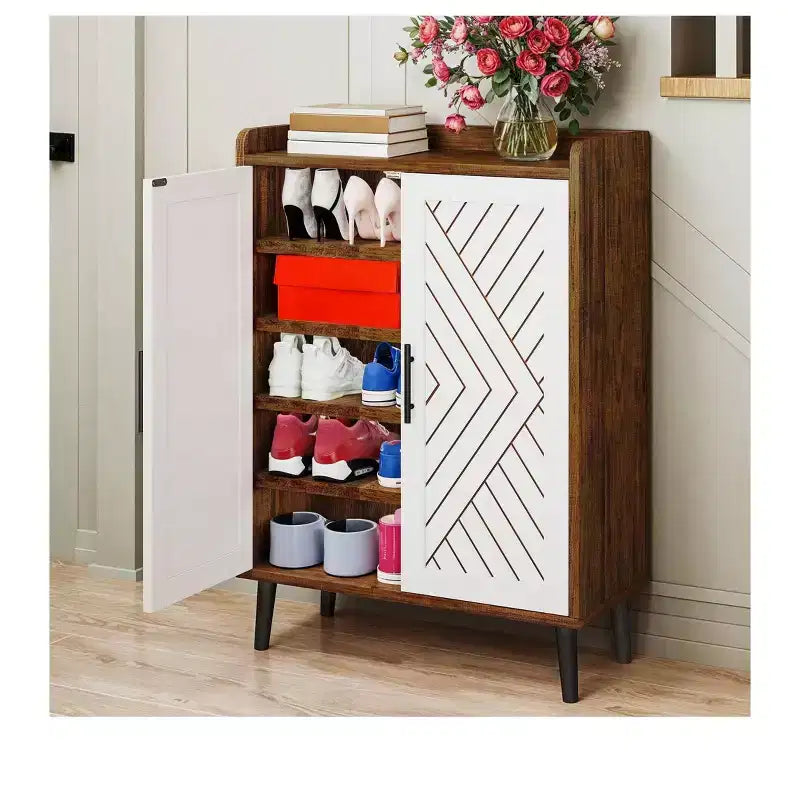 5-Tier Shoe Cabinet With 2 Doors Wood Slim Shoe Storage Cabinet Shoe Organizer Storage For Entryway,Hallway,Space Saving
