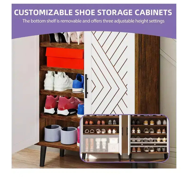 Meuble à chaussures en bois mince à 5 niveaux avec 2 portes, rangement et organisateur à chaussures pour entrée et couloir, gain de place