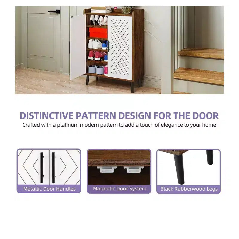 Meuble à chaussures en bois mince à 5 niveaux avec 2 portes, rangement et organisateur à chaussures pour entrée et couloir, gain de place
