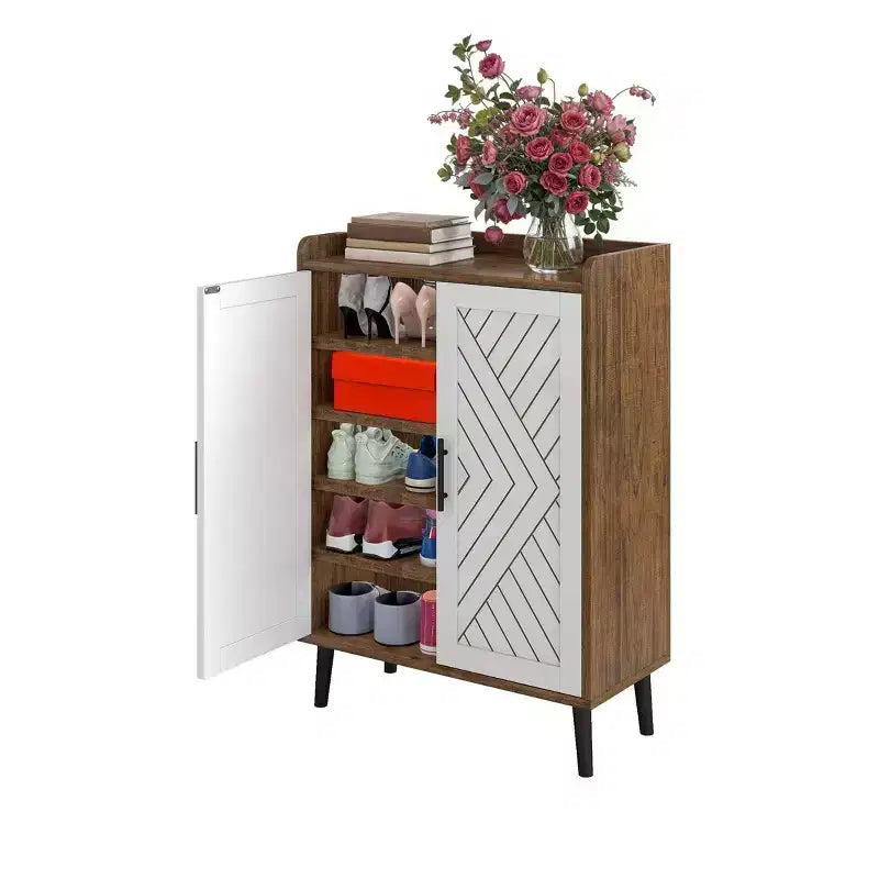 Meuble à chaussures en bois mince à 5 niveaux avec 2 portes, rangement et organisateur à chaussures pour entrée et couloir, gain de place