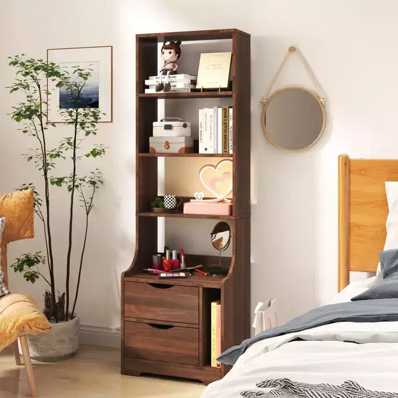 Bibliothèque autoportante, étagères de rangement à 4 niveaux et 2 tiroirs, organisateur de rangement pour le salon et le bureau