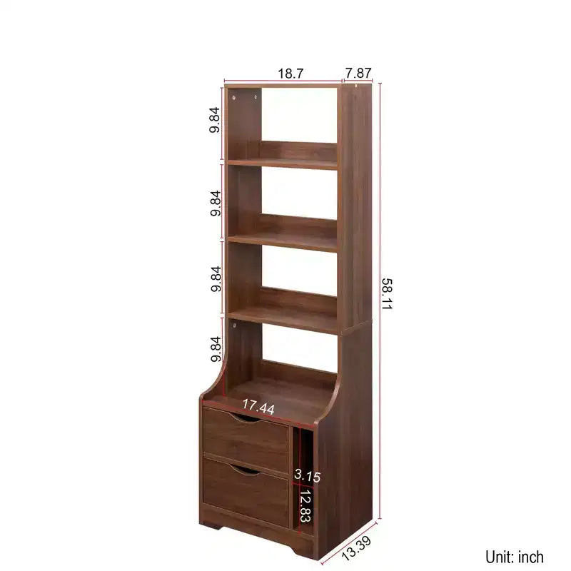 Bibliothèque autoportante, étagères de rangement à 4 niveaux et 2 tiroirs, organisateur de rangement pour le salon et le bureau
