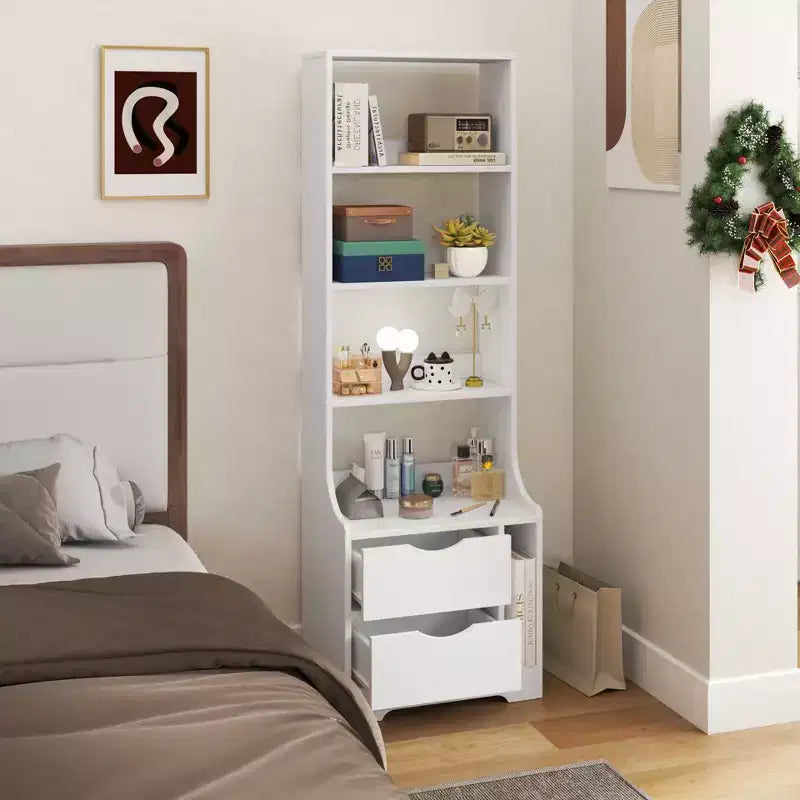 Bibliothèque autoportante, étagères de rangement à 4 niveaux et 2 tiroirs, organisateur de rangement pour le salon et le bureau