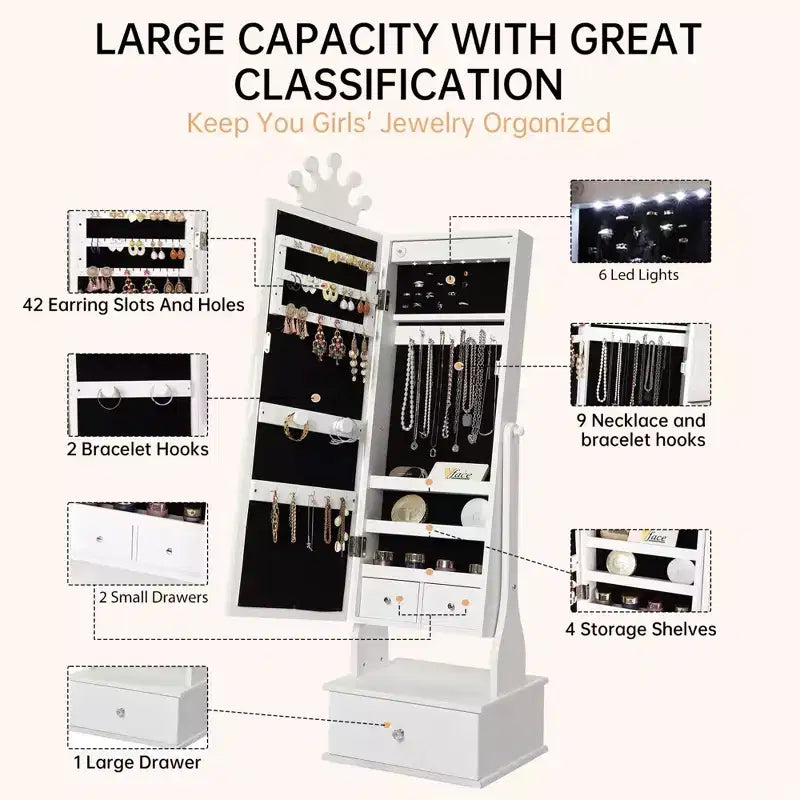 Armoire à bijoux pour enfants avec miroir en pied et éclairage LED, armoire à bijoux autoportante à 3 tiroirs, coiffeuse organisatrice pour fille