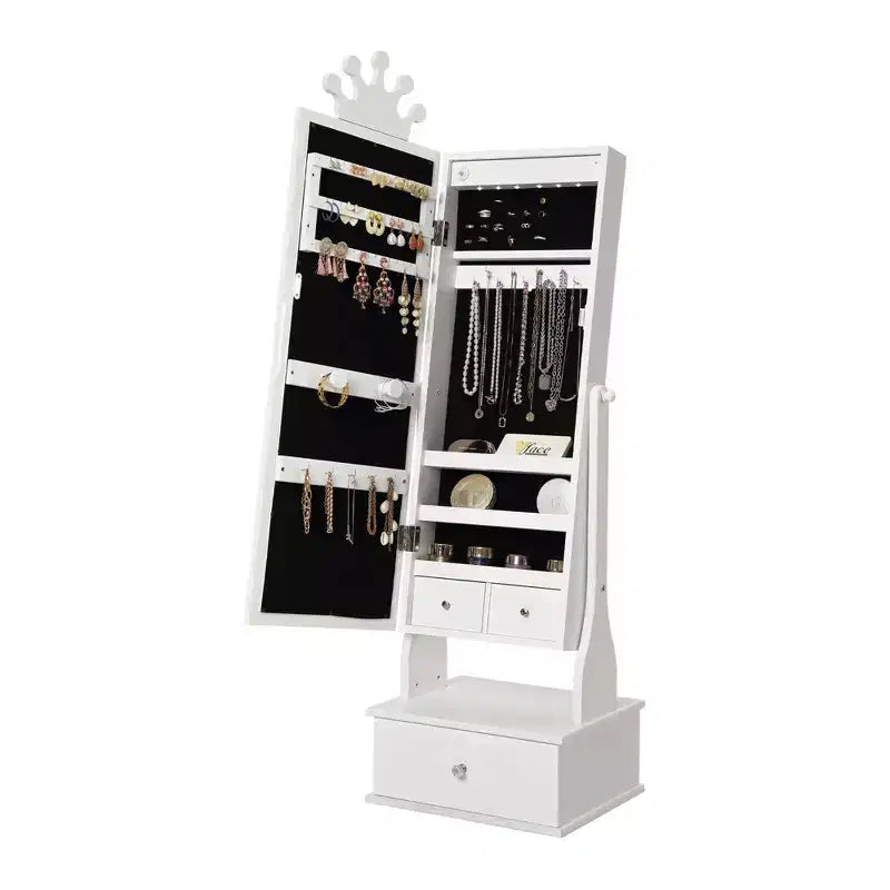 COZONY Kids Jewelry Armoire with Full-Length Mirror & LED, Freestanding Jewelry Cabinet with 3 Drawers, Organizer Vanity for Girls