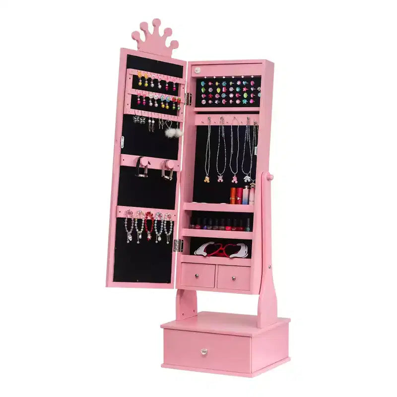 Armoire à bijoux pour enfants avec miroir en pied et éclairage LED, armoire à bijoux autoportante à 3 tiroirs, coiffeuse organisatrice pour fille