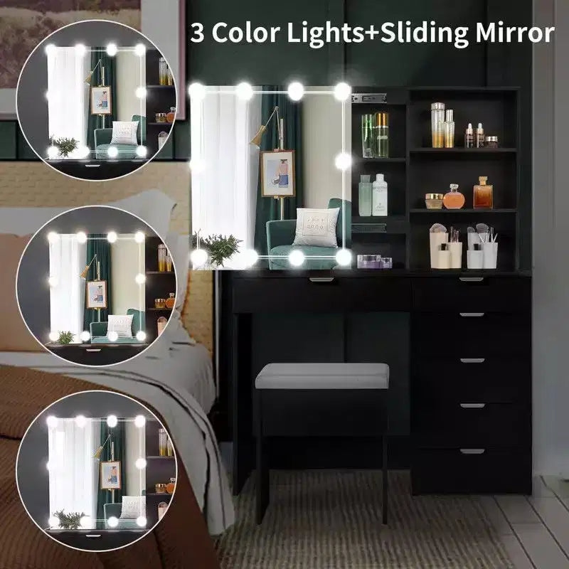 Meuble coiffeuse avec miroir en panneau de particules noir recouvert de mélamine texturée, 7 tiroirs et 2 étagères