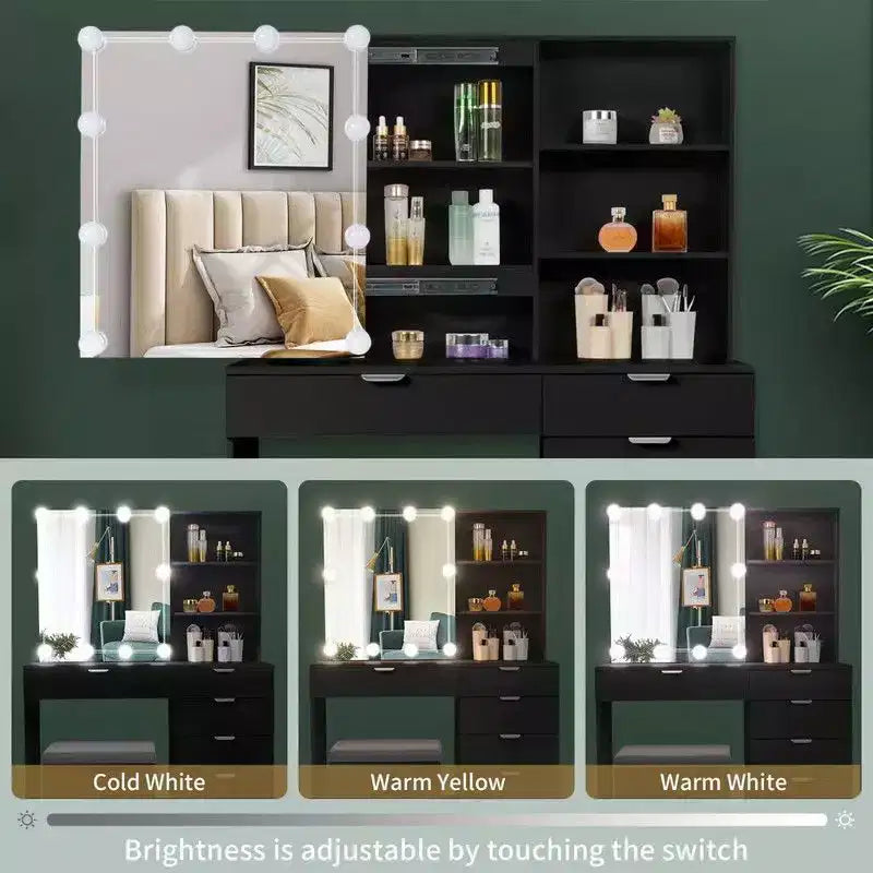Meuble coiffeuse avec miroir en panneau de particules noir recouvert de mélamine texturée, 7 tiroirs et 2 étagères