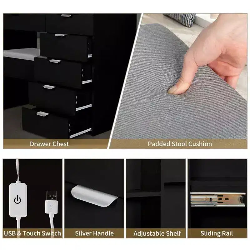 Meuble coiffeuse avec miroir en panneau de particules noir recouvert de mélamine texturée, 7 tiroirs et 2 étagères