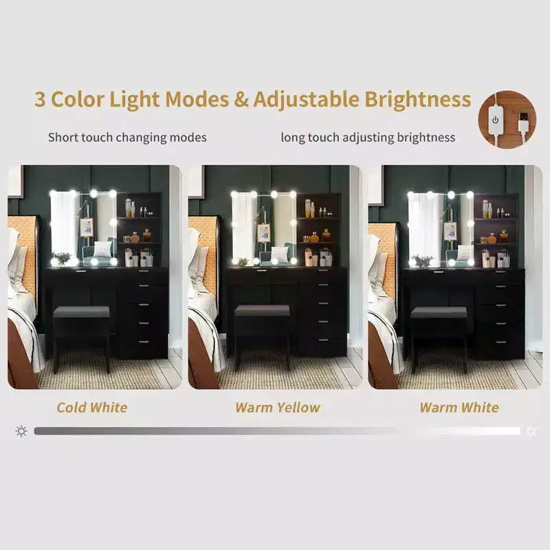 Meuble coiffeuse avec miroir en panneau de particules noir recouvert de mélamine texturée, 7 tiroirs et 2 étagères