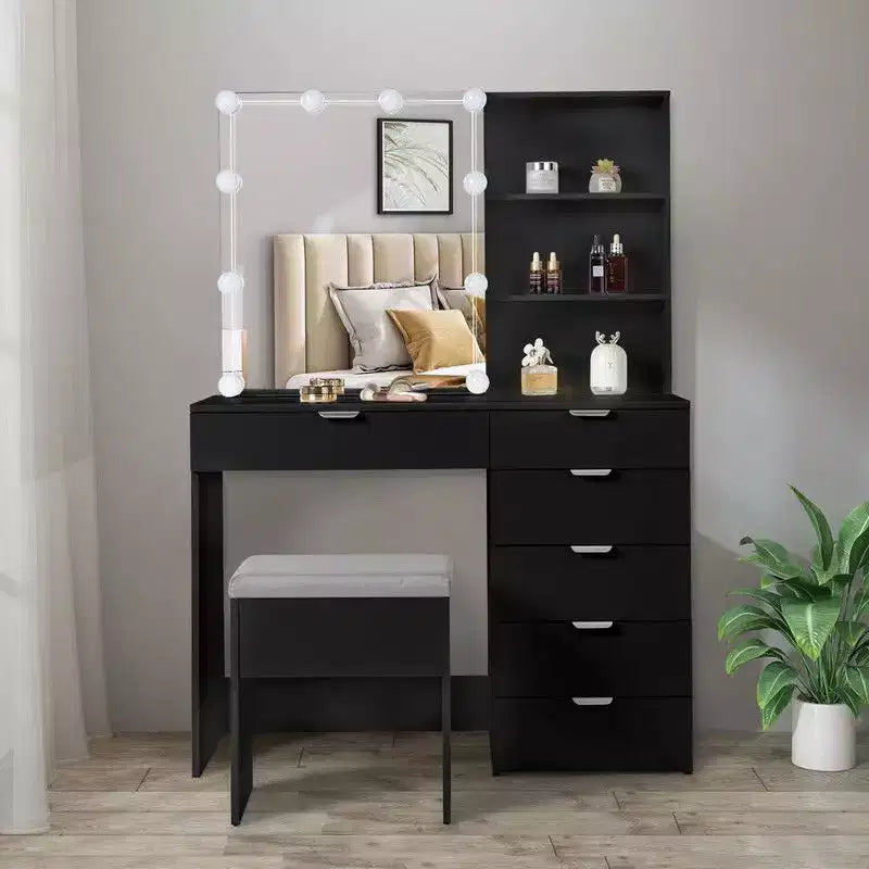 Meuble coiffeuse avec miroir en panneau de particules noir recouvert de mélamine texturée, 7 tiroirs et 2 étagères