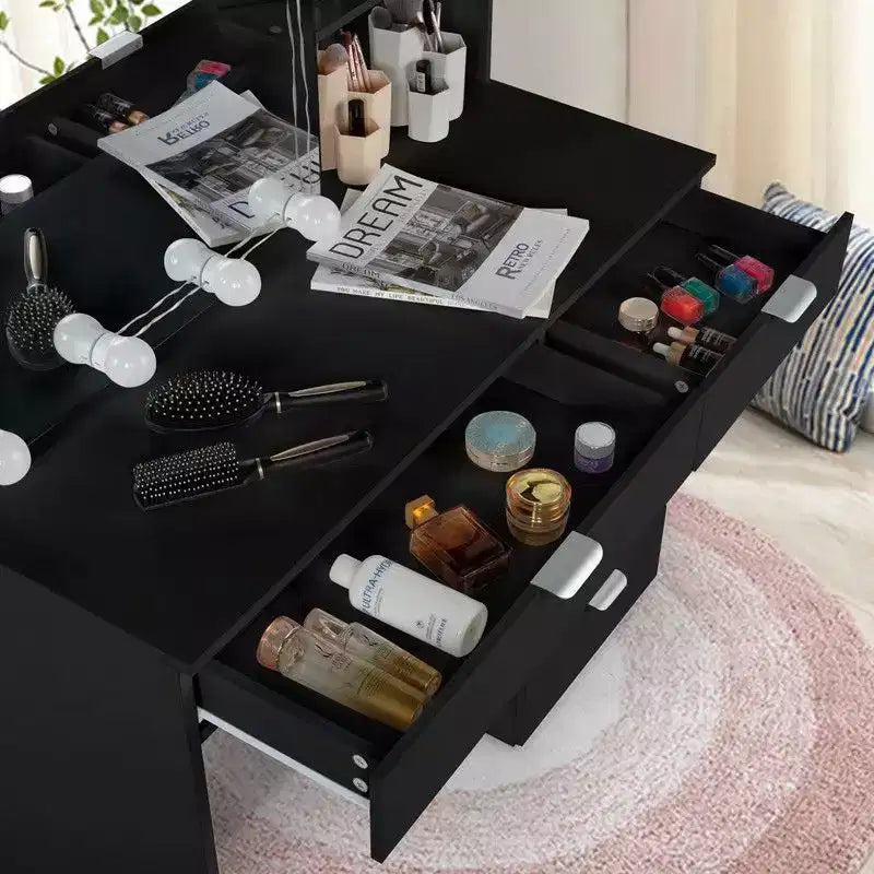 Meuble coiffeuse avec miroir en panneau de particules noir recouvert de mélamine texturée, 7 tiroirs et 2 étagères