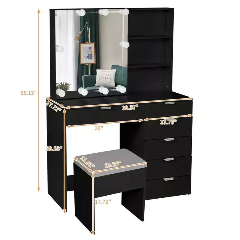 Meuble coiffeuse avec miroir en panneau de particules noir recouvert de mélamine texturée, 7 tiroirs et 2 étagères